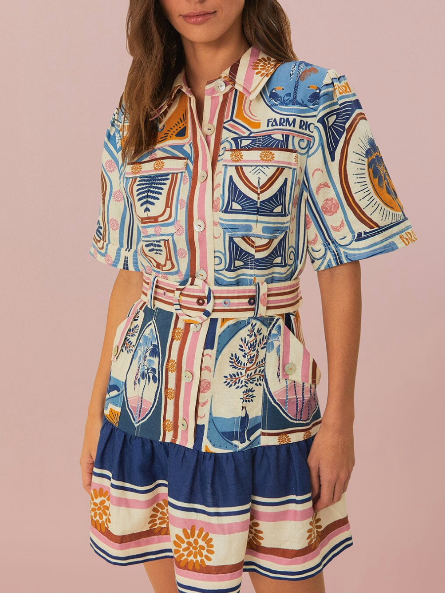 Cerrado Stamps Cream Short Sleeve Mini Dress - L.A. Green